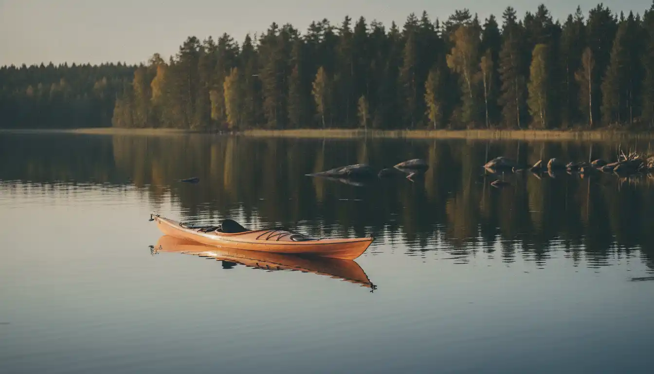 Kajakki tyynellä suomalaisella järvellä matalassa auringossa